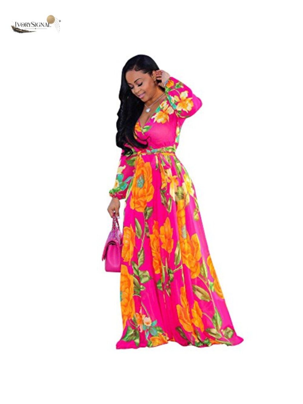 Womens Chiffon Deep V-Neck Maxi Dress Summer Boho Floral Belted